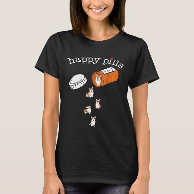 Corgi Lycklig Pills T Shirt (Framsida)