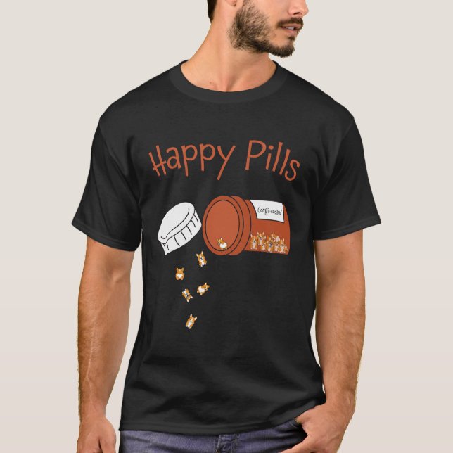 Corgi Lycklig Pills T Shirt (Framsida)