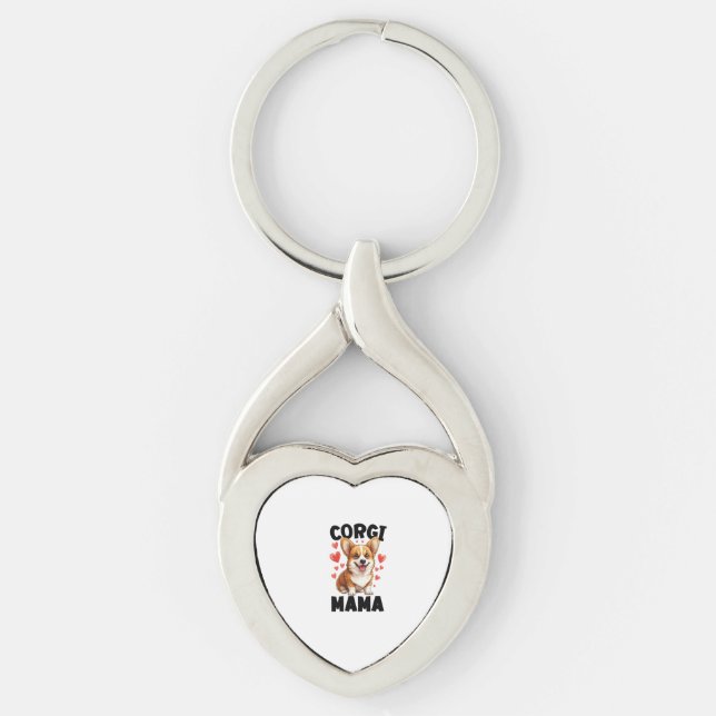 Corgi Mamma - Söt Corgi Mamma Twisted Heart Silverfärgad Nyckelring (Framsidan)