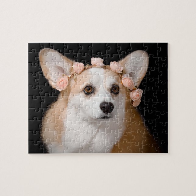 Corgi med blommor i henne hår pussel (Horisontell)