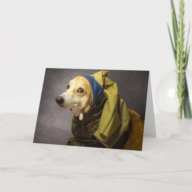 Corgi med ett Pearl Earring-födelsedagskort Helgkort (Framsida)