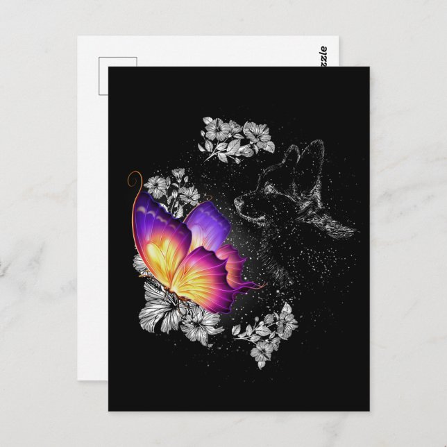 Corgi med fjäril Hund i himlen minnesdag Vykort (Fram/baksida)