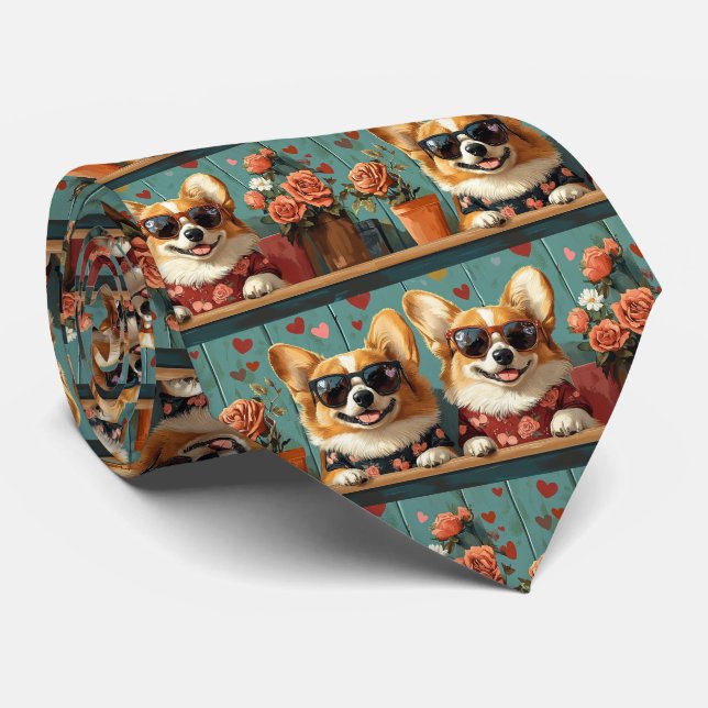 Corgi Med Hjärtrosor Alla Hjärtans Dag Slips (Rullad)