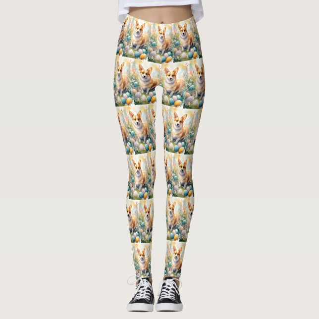 Corgi med Påskägg Helgdag Leggings (Framsida)