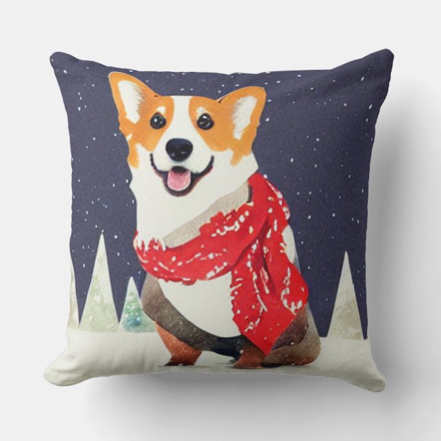 Corgi med rödvit julscarf kudde (Framsida)