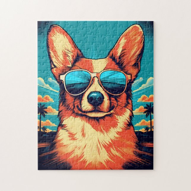 Corgi med solglasögon på en tropisk strand pussel (Vertikal)