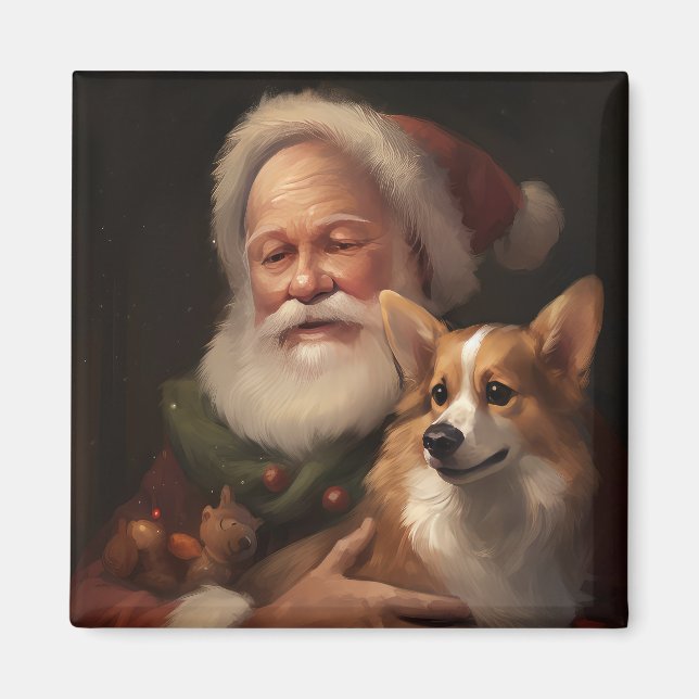 Corgi med tomte festlig jul magnet (Framsidan)