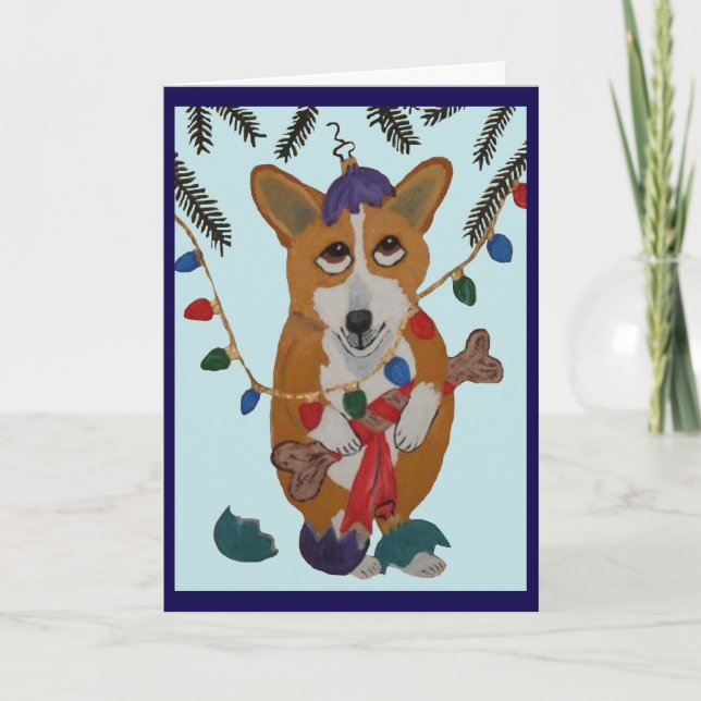 Corgi med trasiga julgranskulor kort (Framsida)