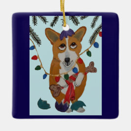 Corgi med trasiga julgransprydnader julgransprydnad keramik
