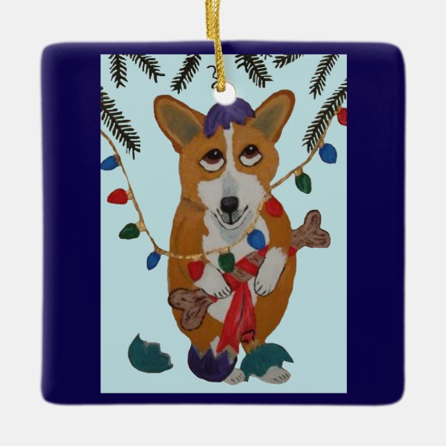 Corgi med trasiga julgransprydnader julgransprydnad keramik (Framsida)