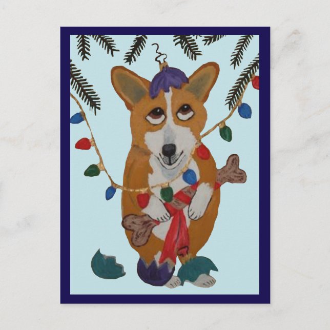 Corgi med trasiga julgransprydnader vykort (Framsida)