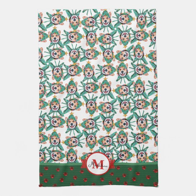 Corgi Mönster Monogram Jul Hund Kök Handduk Kökshandduk (Vertikal)