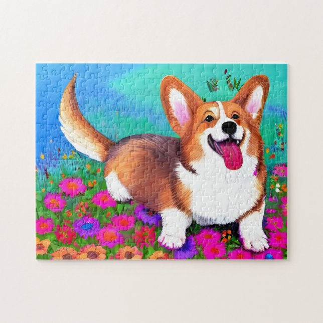 Corgi och blommor pussel (Horisontell)