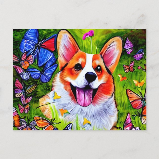 Corgi och butterfly art vykort (Framsida)