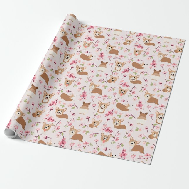 Corgi och Cherry Blommars Sakura Rosa Mönster Presentpapper (Utrullad)