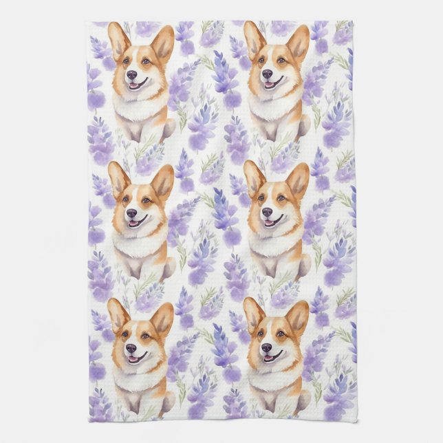Corgi och Lavender Flowers Mönster Kökshandduk (Vertikal)