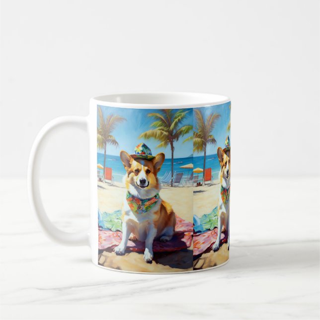 Corgi på Beach, sommargåva till hundälskare Kaffemugg (Vänster)