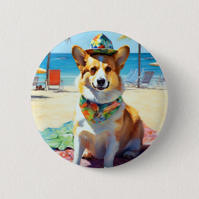 Corgi på Beach, sommargåva till hundälskare Knapp (Framsida)