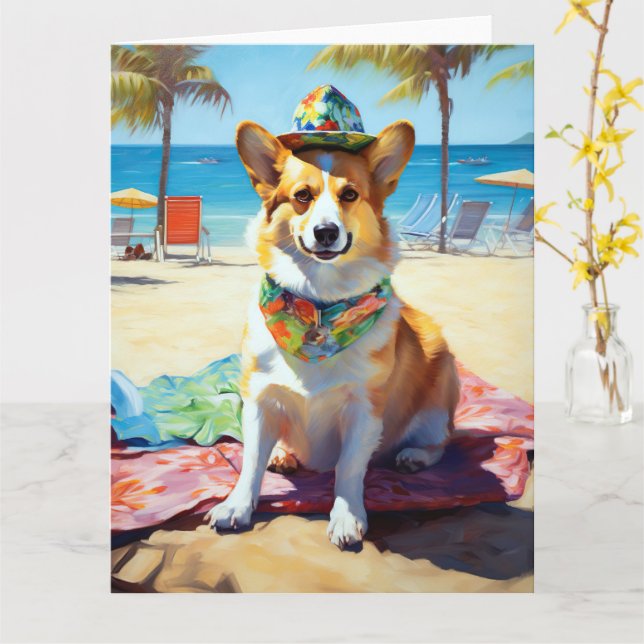 Corgi på Beach, sommargåva till hundälskare Kort (Gul blomma)