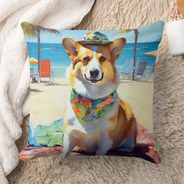 Corgi på Beach, sommargåva till hundälskare Kudde (Filt)