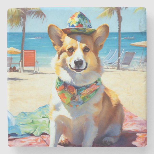Corgi på Beach, sommargåva till hundälskare Stenunderlägg (Framsidan)