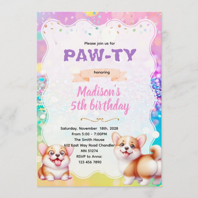 Corgi party theme invitation inbjudningar (Framsida)