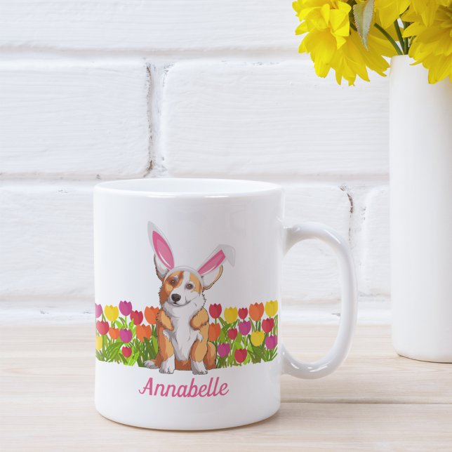 Corgi Påskhare Flowers Cute Personlig Kaffemugg (Skapare uppladdad)