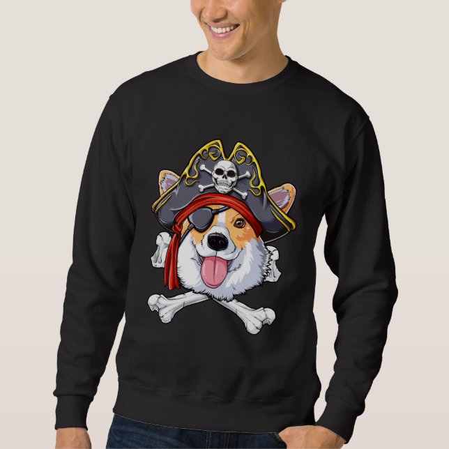Corgi Pirate Costume Jolly Roger Flag Skull Crossb Lång Ärmad Tröja (Framsida)