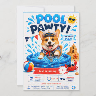 Corgi Pool Party Födelsedag - Marin Kapten Inbjudningar