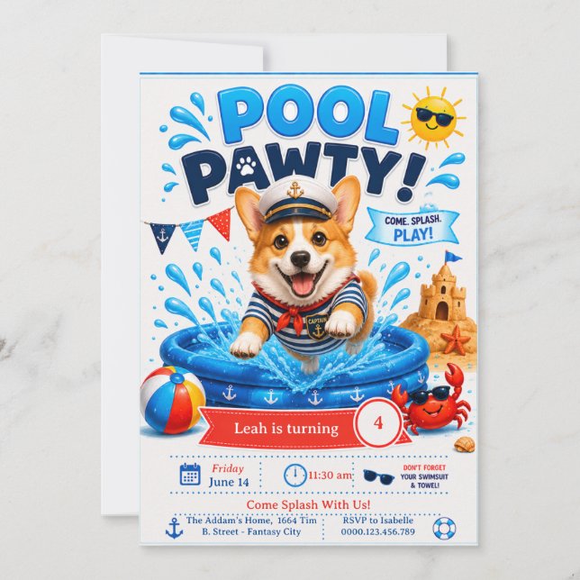 Corgi Pool Party Födelsedag - Marin Kapten Inbjudningar (Framsida)