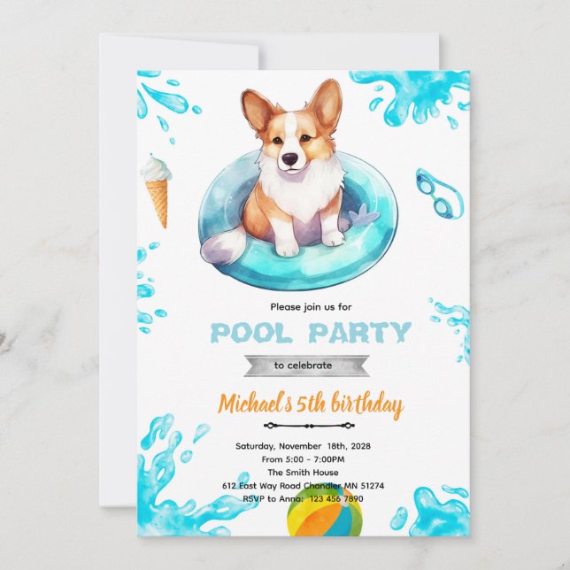 Corgi poolparty inbjudan (Framsida)