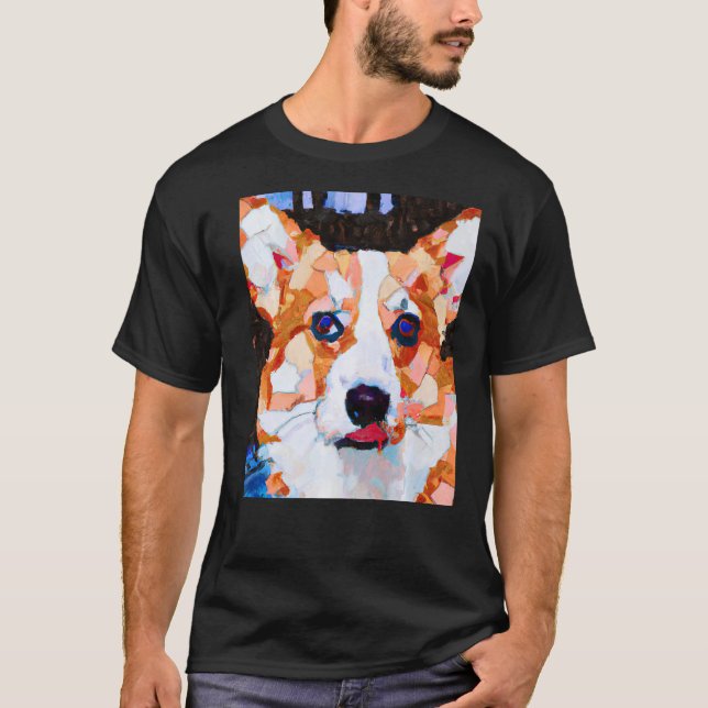 Corgi Porträtt Kubism T Shirt (Framsida)