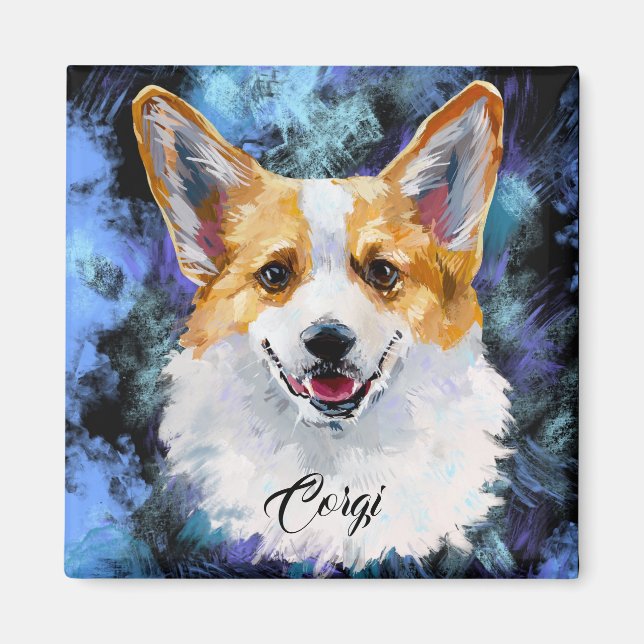 Corgi Porträtt på Abstrakt Magnet (Framsidan)