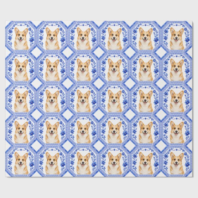 Corgi Presentpapper Blå & Vit Chinoiserie (Platt)
