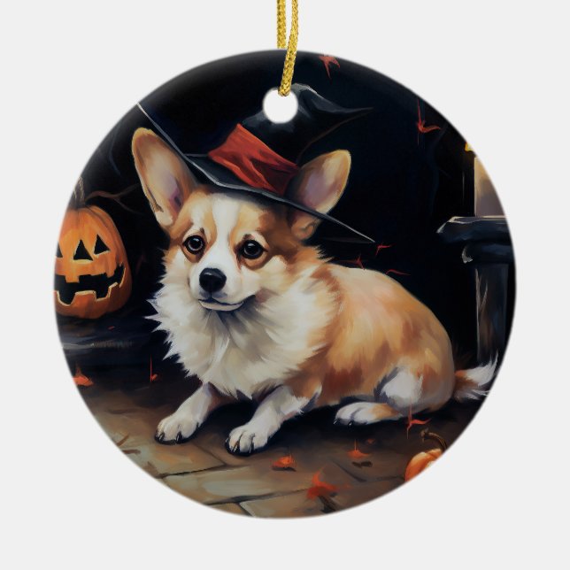 Corgi Pumpkins Halloween Scary Julgransprydnad Keramik (Framsidan)