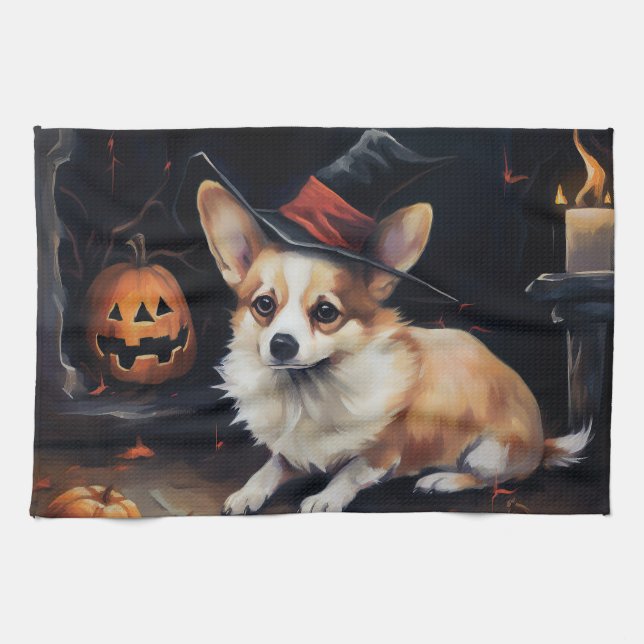Corgi Pumpkins Halloween Scary Kökshandduk (Horisontell)
