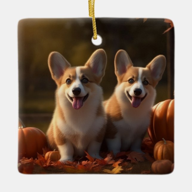 Corgi Puppy Autumn Delight Pumpkin Julgransprydnad Keramik (Framsida)