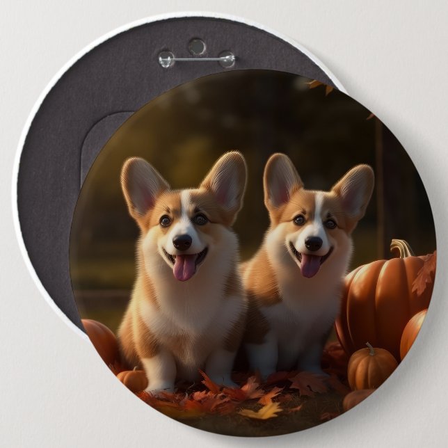 Corgi Puppy Autumn Delight Pumpkin Knapp (Framsida & baksida)