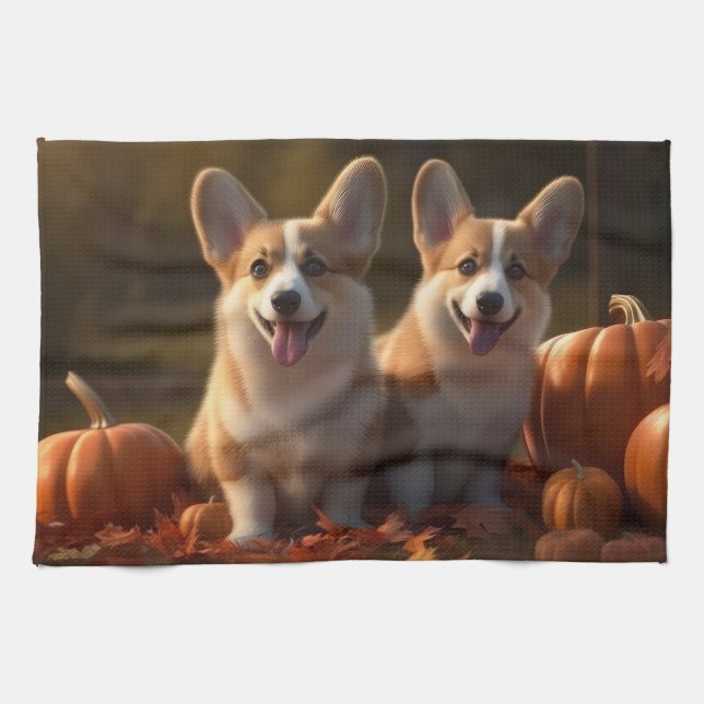 Corgi Puppy Autumn Delight Pumpkin Kökshandduk (Horisontell)
