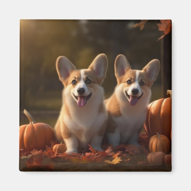 Corgi Puppy Autumn Delight Pumpkin Magnet (Framsidan)