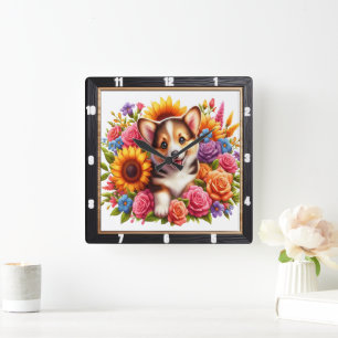 Corgi Puppy Blommigt Garden Fyrkantig Klocka