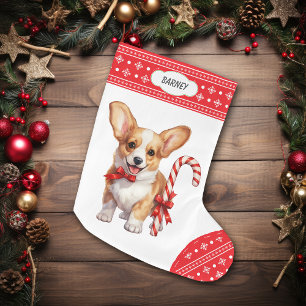 Corgi Puppy Candy cane Snowflake Gräns Stor Julstrumpa