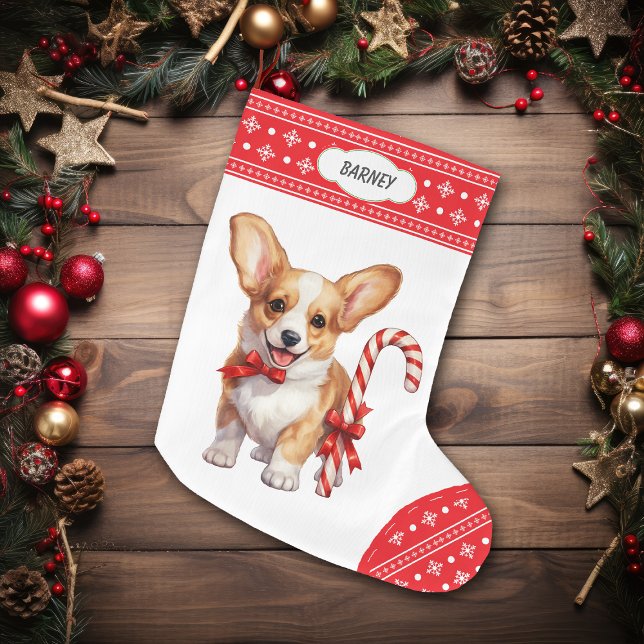Corgi Puppy Candy cane Snowflake Gräns Stor Julstrumpa (Skapare uppladdad)