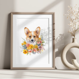Corgi Puppy Funny Pet Watercolor Flower Poster