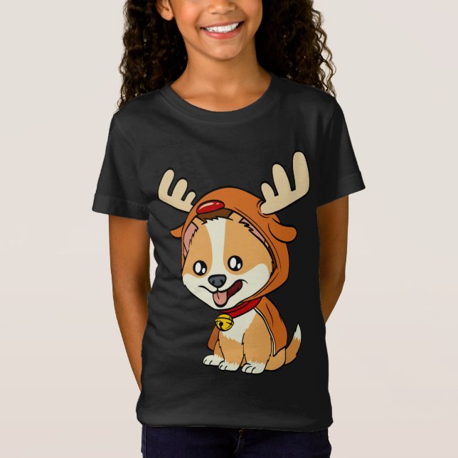 Corgi puppy hund klädd som renar hundar Julafton T Shirt (Framsida)