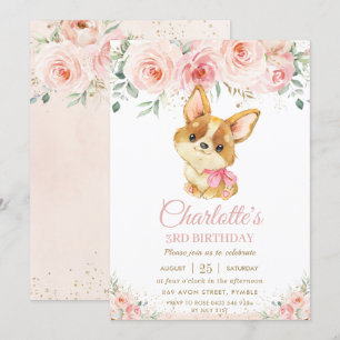 Corgi Puppy Hund Rosa Blommigt Girl Birthday Inbjudningar