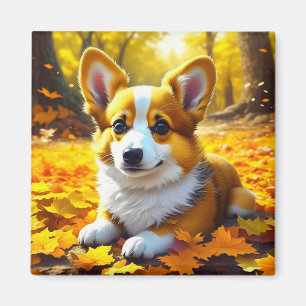 Corgi Puppy Hund spelar i Höst löv Magnet