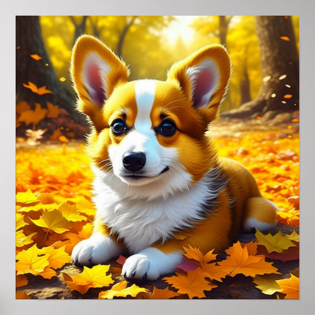 Corgi Puppy Hund spelar i Höst löv Poster (Framsidan)