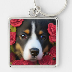 Corgi Puppy i röd ros Fyrkantig Silverfärgad Nyckelring