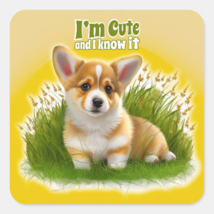 Corgi puppy på gräset   Söt husdjur Fyrkantigt Klistermärke